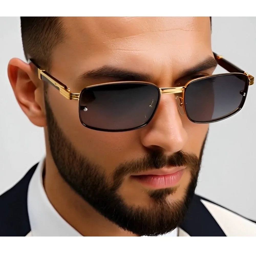 Rimless Rectangle Sunglasses Gold Frame Wood Arms Vintage Style‎ Fashion Lentes